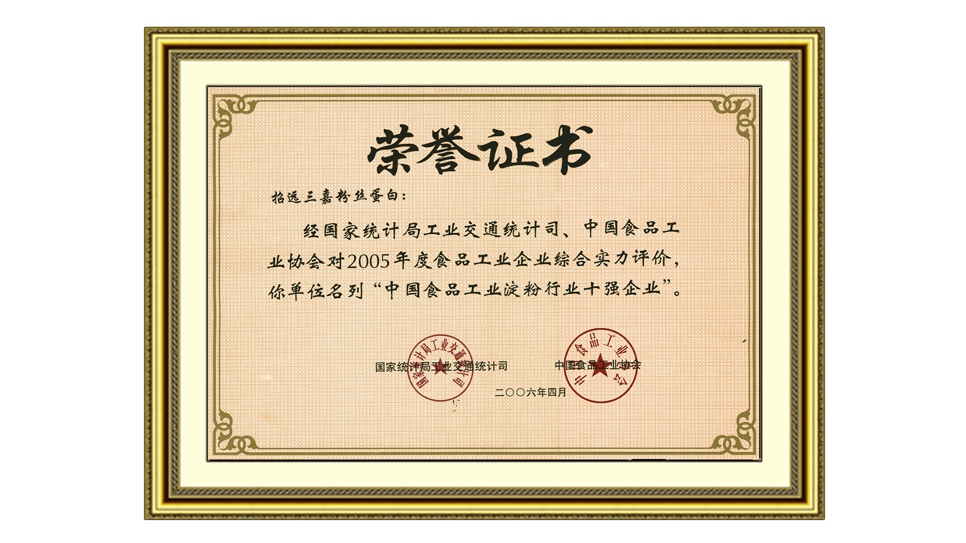 淀粉行業十強企業證書